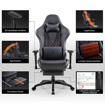 Dowinx Gaming Stuhl Ergonomischer Rennstil mit Massage Lendenwirbelstütze Bürosessel für Computer PU-Leder mit versenkbarer Fußstütze (Schwarz) - 4