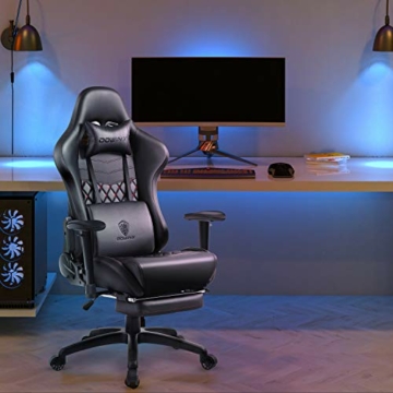 Dowinx Gaming Stuhl Ergonomischer Rennstil mit Massage Lendenwirbelstütze Bürosessel für Computer PU-Leder mit versenkbarer Fußstütze (Schwarz) - 8