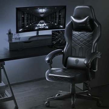 Dowinx Gaming Stuhl Racing Gamer Stuhl mit Frühling Kissen, Ergonomischer Gaming Sessel mit Massage Lendenwirbelstütze, Bürostuhl PU Leder PC-Stuhl Verbreiterte Rückenlehne 180KG (Schwarz) - 6
