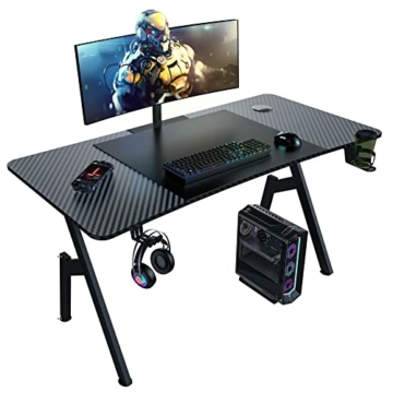 Ergonomischer Gaming-Schreibtisch, A-förmiger Gaming Tisch wasserdichte Kohlefaserplatte, PC-Tisch mit Getränkehalter, Kopfhörerhalter, schwarz - 1