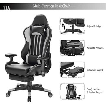 EUGAD Gaming Stuhl mit Fußstütze Racing Stuhl Drehstuhl Bürostuhl Schreibtischstuhl PC Stuhl mit Wippfunktion Höhenverstellbar Kunstleder Grau 0074BGY - 5