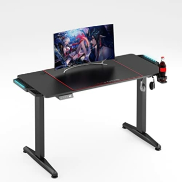 eXcape Gaming Tisch H14 elektrisch höhenverstellbar mit LED Beleuchtung 140cm (+16cm Extensions) x 60cm - Carbon-Optik, Schreibtisch Gaming - inkl. Getränkehalter, Kopfhörerhalter, Kabelmanagement - 1