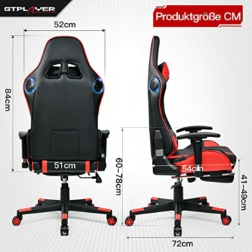 GTPLAYER Gaming Stuhl mit Fußstützen Lautsprecher Bluetooth Musik Computerstuhl Schreibtischstuhl Stuhl Ergonomischer Schwarz-Rot - 9