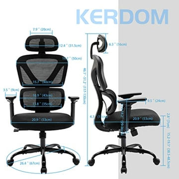 KERDOM Bürostuhl Ergonomischer Schreibtischstuhl, mit 3D Verstellbare Armlehne und Lendenwirbelstütze, Gegen Rückenschmerzen, Bürostuhl 150kg/330LB Belastbar - 5