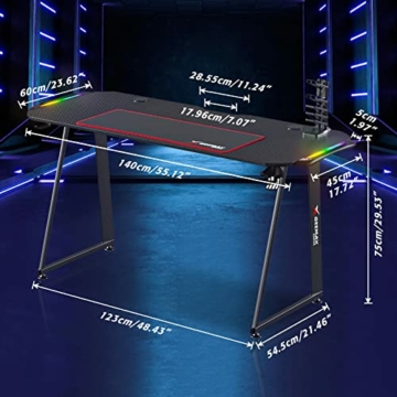 RGB Gaming Tisch mit LED Beleuchtung 140 X 60cm Gaming Schreibtisch Ergonomischer Gaming-PC Computertisch mit Getränkehalter Kopfhörerhalter und Gamepad-Halterung mit USB-Anschluss - 3