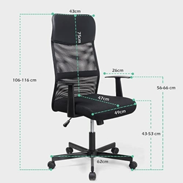 T-THREE.Verstellbarer Bürostuhl mit hoher Rückenlehne, ergonomischer Netz-Drehstuhl, Bürostuhl, Schreibtischstuhl, Kopfstütze und Lendenwirbelstütze, höhenverstellbar, 360°-Dreh-Wippfunktion - 6