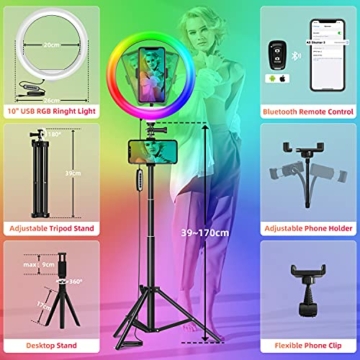 TOGUARDME 10'' RGB Ringlicht mit Ständer und Handyhalter, dimmbares Selfie Ringlicht mit 35 Farben und Fernauslöser für Makeup/LiveStream/YouTube/Tiktok/Fotografie, kompatibel mit iOS/Android - 7