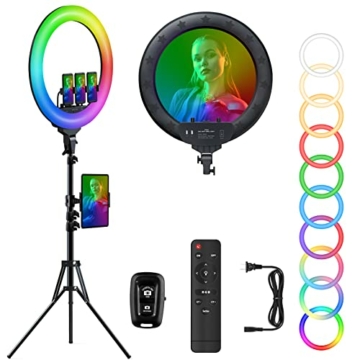 TOGUARDME RGB Ringlicht 18 Zoll mit Standfuß, Selfie 55W 49 Modi Dimmbares LED 75'' Stativständer und Handy iPad Halter/Fernbedienung für Make-up, YouTube, Live Stream, Blogger - 1