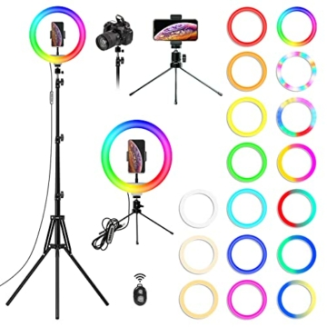 Wowstar Ringlicht, 10 Zoll Ringlicht mit 2 Stativ, 3 Farbe und 26 RGB Farbe Dimmbare Selfie Ringleuchte mit Fernbedienung und Doppel Handyhalter für YouTube TikTok Make-up Selfie Live-Streaming - 1