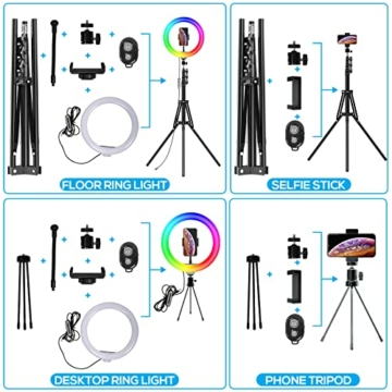 Wowstar Ringlicht, 10 Zoll Ringlicht mit 2 Stativ, 3 Farbe und 26 RGB Farbe Dimmbare Selfie Ringleuchte mit Fernbedienung und Doppel Handyhalter für YouTube TikTok Make-up Selfie Live-Streaming - 5