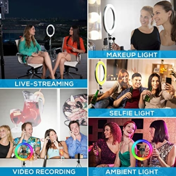 Wowstar Ringlicht, 10 Zoll Ringlicht mit 2 Stativ, 3 Farbe und 26 RGB Farbe Dimmbare Selfie Ringleuchte mit Fernbedienung und Doppel Handyhalter für YouTube TikTok Make-up Selfie Live-Streaming - 6
