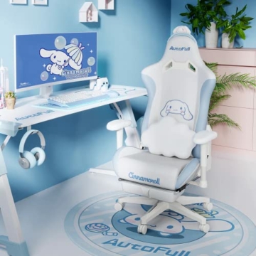 AutoFull Cinnamoroll Gaming-Stuhl Ergonomischer Schreibtisch-Computerstuhl mit hoher Rückenlehne und Lendenwirbelstütze, PU-Leder-Arbeitsstuhl mit Fußstütze, Weiß und Blau - 2