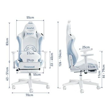 AutoFull Cinnamoroll Gaming-Stuhl Ergonomischer Schreibtisch-Computerstuhl mit hoher Rückenlehne und Lendenwirbelstütze, PU-Leder-Arbeitsstuhl mit Fußstütze, Weiß und Blau - 7