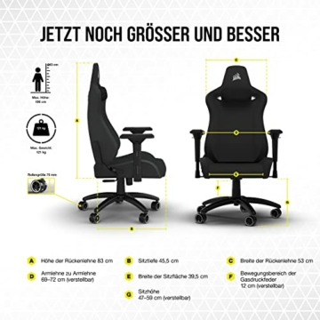 Corsair TC200 Gaming-Stuhl mit Stoffbezug, Standard Fit (Langanhaltenden Komfort, Bezug aus Weichem Stoff, Integrierte Lendenstütze aus Schaumstoff, 4D-Armlehnen) Schwarz/Schwarz - 7