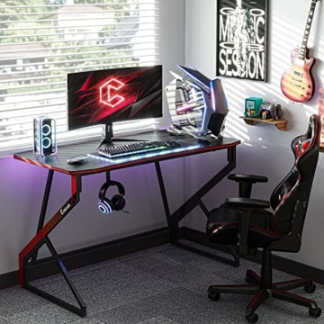 CubiCubi Gaming Schreibtisch, 100 x 60 cm Esport Ergonomischer Computertisch Tisch mit Kohlefaseroberfläche, stabiles Z-Gestell, Kopfhörerhaken zum Spielen, Lernen, Zuhause, Schlafzimmer, Schwarz - 2