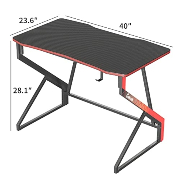 CubiCubi Gaming Schreibtisch, 100 x 60 cm Esport Ergonomischer Computertisch Tisch mit Kohlefaseroberfläche, stabiles Z-Gestell, Kopfhörerhaken zum Spielen, Lernen, Zuhause, Schlafzimmer, Schwarz - 8