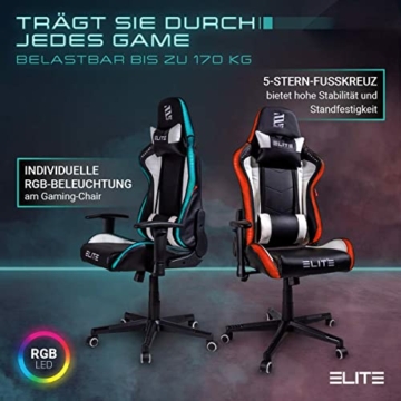 ELITE LED Gaming Stuhl MG200 Destiny - Ergonomischer Bürostuhl - Schreibtischstuhl - Chefsessel - Sessel - Racing Gaming-Stuhl - Gamingstuhl - Drehstuhl - Chair - Kunstleder (RGB Schwarz/Weiß) - 4