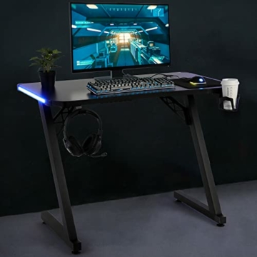 Gaming Schreibtisch, Gaming Tisch mit Fernbedienung mit LED-Beleuchtung, Ergonomischer Gamer Schreibtisch aus Eisen, Gaming Computertisch mit Getränkehalter & Kopfhörerhaken, 100 x 60 x 75 cm - 2
