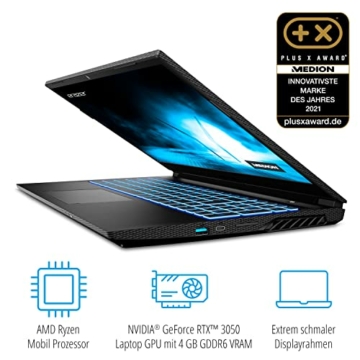 MEDION ERAZER Crawler E25 39,6 cm (15,6 Zoll) Full HD Gaming Notebook (AMD Ryzen 5 5600H, 16GB DDR4 RAM, 512GB PCIe SSD, NVIDIA GeForce RTX 3050 4GB GDDR6, RGB Backlit, Win 11 Home) - 3