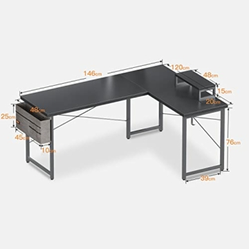 ODK Gaming Tisch, Eckschreibtisch, Gaming Schreibtisch mit Monitorablage, platzsparender Schreibtisch, einfach zu montieren, 146×120cm, Schwarz - 7