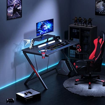 ODK Gaming Tisch mit Kohlefaser 115 x 60cm, Computertisch mit Kopfhörerhaken und Getränkehalter, ergonomischer PC Gaming Tisch, Stabiler Metallrahmen, schwarz - 2