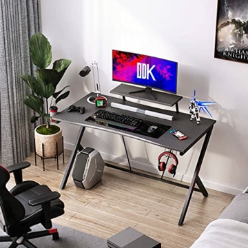 ODK Gaming Tisch mit Kohlefaser 115 x 60cm, Computertisch mit Kopfhörerhaken und Getränkehalter, ergonomischer PC Gaming Tisch, Stabiler Metallrahmen, schwarz - 3