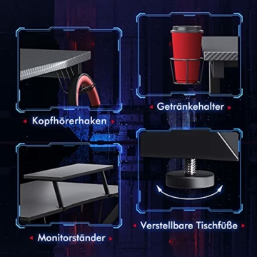 ODK Gaming Tisch mit Kohlefaser 115 x 60cm, Computertisch mit Kopfhörerhaken und Getränkehalter, ergonomischer PC Gaming Tisch, Stabiler Metallrahmen, schwarz - 5