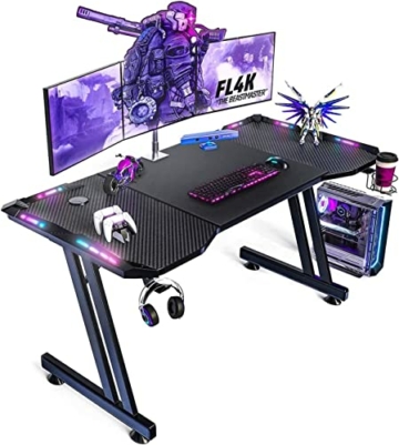 RGB Gaming Schreibtisch mit Fernbedienung mit LED-Beleuchtung Belastbar Arbeitstisch Gaming-Tisch Gaming-PC Computertisch Mit Getränkehalter und Kopfhörerhaken - 1