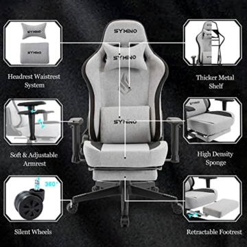 symino Gaming Stuhl Atmungsaktiver Stoff Bürostuhl Ergonomischer PC Stuhl Racing Style Computer Stuhl mit 3D Armlehne, Verstellbarer Drehstuhl mit Fußstützen - 3
