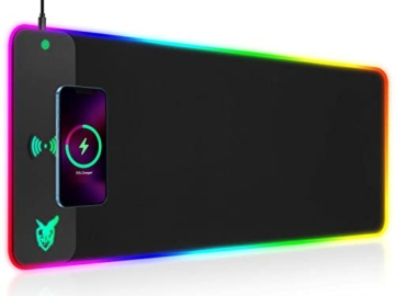 GIM RGB Gaming Mauspad 10W Qi Mousepad LED 800x300x4mm 10 Beleuchtungsmodi mit 10W Schnellladung Qi Kabelloses Laden für I-Phone 13/13 Pro Handy, Kopfhörer, Wasserdicht, rutschfest - 1