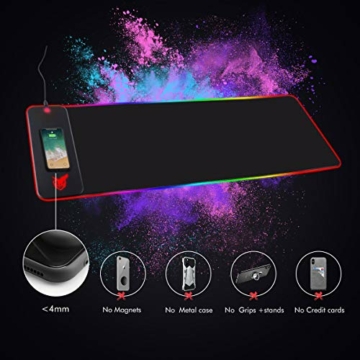 GIM RGB Gaming Mauspad 10W Qi Mousepad LED 800x300x4mm 10 Beleuchtungsmodi mit 10W Schnellladung Qi Kabelloses Laden für I-Phone 13/13 Pro Handy, Kopfhörer, Wasserdicht, rutschfest - 8