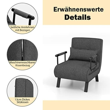 COSTWAY 4 in 1 Schlafsessel Klappbar, Schlafsofa mit 5 stufig Verstellbarer Rückenlehne & abnehmbarem Kissen & gepolstertem Sitz, Sofabett mit Metallrahmen bis 150 kg belastbar (Dunkelgrau) - 8