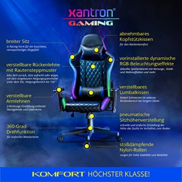 Xantron® Ergonomischer Gaming Stuhl RGB Beleuchtung - 150 kg Belastbarkeit/Gamer Sessel in Schwarz mit PVC Leder/Gamingsessel verstellbar per Gasdruckfeder/Gamingstuhl/Gaming Chair - 3
