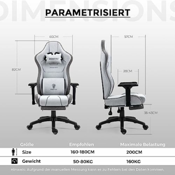 Dowinx Gaming Stuhl Stoff mit Taschenfederkissen, Ergonomischer Gaming Sessel mit Massagefunktion, PC Bürostuhl Groß und Hoch mit Fußstützen XXL, Grau - 3