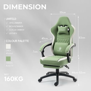 Dowinx Gaming Stuhl Stoff mit Taschenfederkissen, Massage Gaming Sessel mit Fußstütze, Ergonomischer PC Stuhl Gamer Stuhl Bürostuhl 150 kg belastbarkeit, Grün - 6