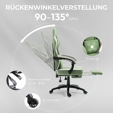 Dowinx Gaming Stuhl Stoff mit Taschenfederkissen, Massage Gaming Sessel mit Fußstütze, Ergonomischer PC Stuhl Gamer Stuhl Bürostuhl 150 kg belastbarkeit, Grün - 7