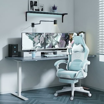 Dowinx Gaming Stuhl - Süße Katze Edition - Ergonomischer Computerstuhl mit Hoher Rückenlehne und Lendenwirbelstütze, PU-Leder, Fußstütze, Blau - 6