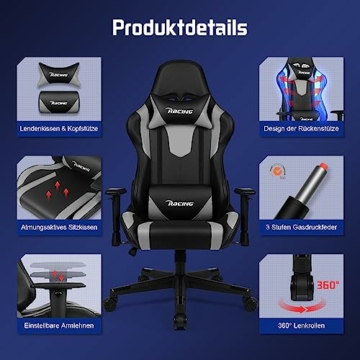 Homimaster Gaming Stuhl, Bürostuhl Ergonomisch mit verstellbare Lendenkissen, Kopfkissen und Armlehnen,Gaming Chair Gepolstert,Gamer Stuhl Wippfunktion,Gaming Stuhl 150 kg Belastbarkeit - 6