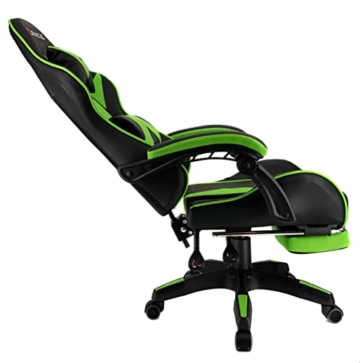 xRace Gaming-Stuhl Hoher Drehstuhl aus Leder mit Lendenwirbelstütze, Kopfstütze und Fußstütze, verstellbar, neigbar, Rennstil (Grün), Größe T (94-115) x B68 x H (124-132), 1A - 4