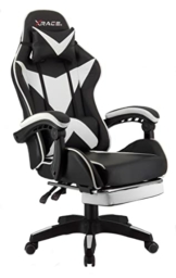 xRace Gaming-Stuhl Hoher Drehstuhl aus Leder mit Lendenwirbelstütze, Kopfstütze und Fußstütze, verstellbar, neigbar, Rennstil (weiß) - 1