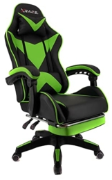 xRace Gaming-Stuhl Hoher Drehstuhl aus Leder mit Lendenwirbelstütze, Kopfstütze und Fußstütze, verstellbar, neigbar, Rennstil (Grün), Größe T (94-115) x B68 x H (124-132), 1A - 1