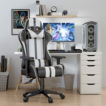 bigzzia Gaming Stuhl Computerstuhl Ergonomisch - Gamer Stühle mit Lendenkissen + Kopfstütze Höhenverstellbar Gaming Chair für Mädchen Junge Erwachsene, Schwarz-Weiß - 2