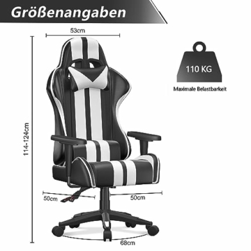bigzzia Gaming Stuhl Computerstuhl Ergonomisch - Gamer Stühle mit Lendenkissen + Kopfstütze Höhenverstellbar Gaming Chair für Mädchen Junge Erwachsene, Schwarz-Weiß - 3