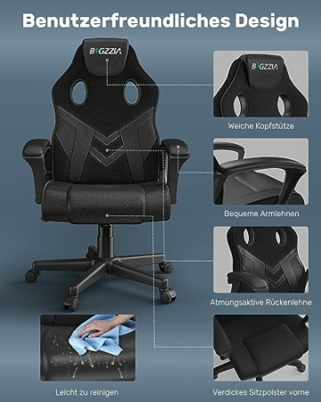 bigzzia Gaming Stuhl Computerstuhl Ergonomisch - Gamer Stuhl Bürostuhl mit Höhenverstellung Wippfunktion Feste Armlehne für Erwachsene Junge Mädchen, Schwarz - 2