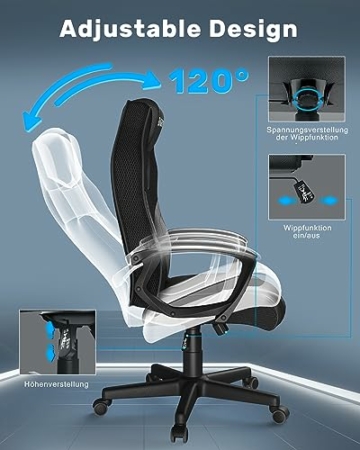 bigzzia Gaming Stuhl Computerstuhl Ergonomisch - Gamer Stuhl Bürostuhl mit Höhenverstellung Wippfunktion Feste Armlehne für Erwachsene Junge Mädchen, Schwarz - 3