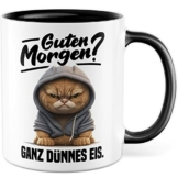 Tasse mit Spruch lustig Katze Morgenmuffel Witz Geschenkidee Kaffeetasse Humor Geschenk für Verschlafen Kaffeebecher Witz Becher (Weiß & Schwarz) - 1
