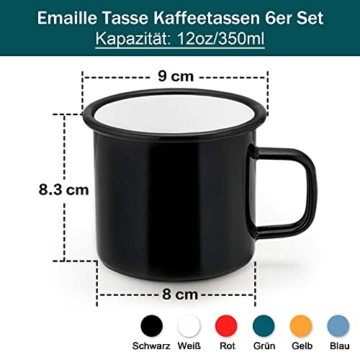 Herogo Emaille Tasse 6er-Set, Kaffeetassen Tassen Weiß/Schwarz/Rot/Blau/Grün/Gelb, Porzellan Emaille Teetassen Kaffeebecher Set mit Henkel für Camping, Haus, Party, Mehrweg & Tragbar, 350ml - 2