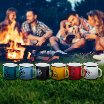 Homikit Emaille Tasse 6er-Set, 16 Unze Mehrweg Kaffeebecher Trinkbecher Teetasse, Porzellan Blau/Weiß/Schwarz/Rot/Gelb/Grün Camping Becher für Daheim, Büro, Camping, Graphic Design & Tragbr - 5