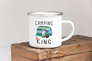 Tassendruck Emaille Tasse Camping lustig - Geschenk zum Camping/Tasse für coole Camper/Geschenk-Idee Campingfreunde - Camping King - klein silber Rand - 5