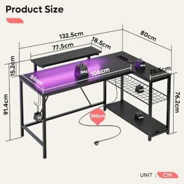 Bestier Eckschreibtisch mit USB-Ladeanschluss und Steckdose, 132 cm Gaming Tisch L Form, großer Schreibtisch mit Regal & Monitorständer, Links und rechts tauschen, für Büro, Schlafraum, Schwarz - 3